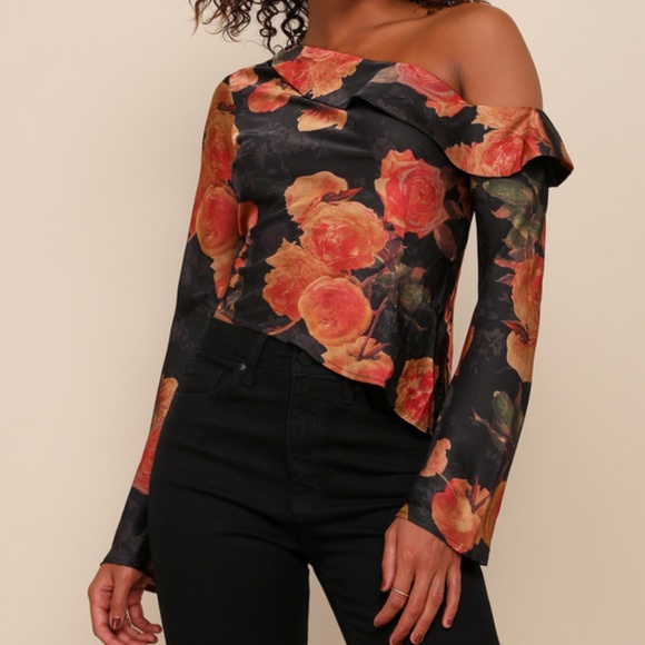 Lulus Born Chic Black Floral Print Satin Off-the-shoulder Top - Size M - Picture 1 of 1